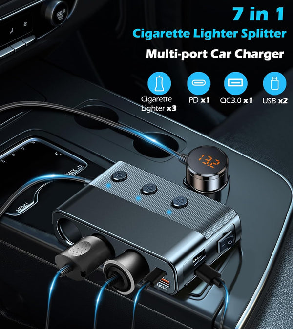 7 in 1 Cigarette Lighter Splitter, LIHAN 3 Socket Car Charger Adapter, Type-C QC3.0 PD 30W Charging, Dual USB Charging Ports, Independent