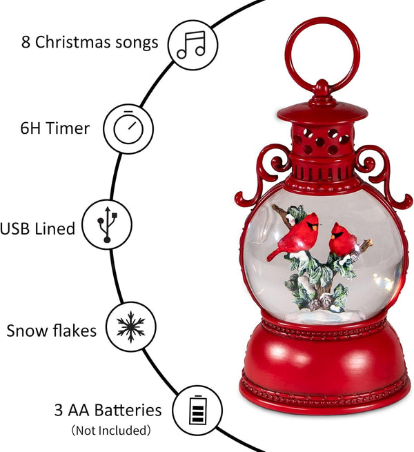 Christmas Snow Globes, Cardinal Christmas Water Globes with 8 Songs, 6H Timer Battery & USB Powered Glitter Snow Globe Music Box Suitable for