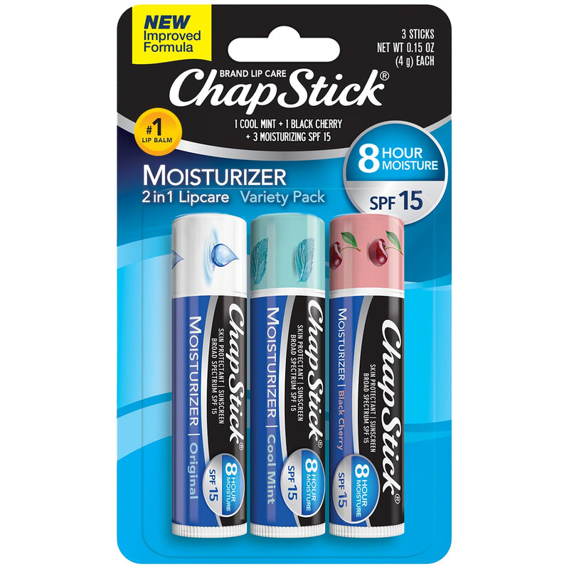 Chapstick Moisturizer 2-In-1 Lipcare SPF 15, Original, Black Cherry, Cool Mint, 3-Pack â Sunscreen Lip Balm with Aloe Vera and Vitamin E, 0.15 Oz Ea