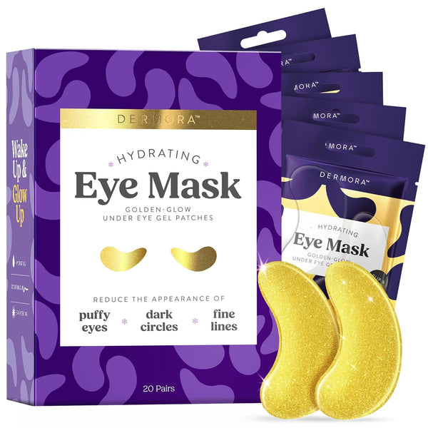 DERMORA Golden Glow under Eye Patches (20 Pairs Eye Gels) - Rejuvenating Treatment for Dark Circles, Puffy Eyes, Refreshing, Revitalizing, Travel,