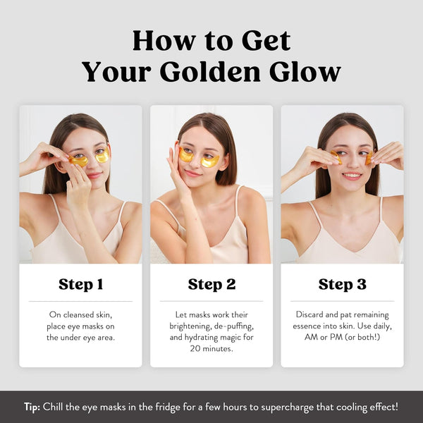 DERMORA Golden Glow under Eye Patches (20 Pairs Eye Gels) - Rejuvenating Treatment for Dark Circles, Puffy Eyes, Refreshing, Revitalizing, Travel,
