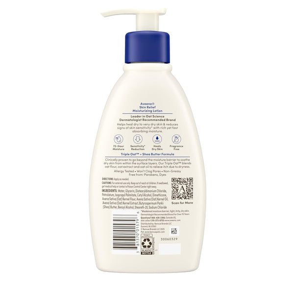 Aveeno Skin Relief Moisturizing Lotion for Very Dry, Itchy Skin with Soothing Triple Oat & Shea Butter Formula, Fragrance Free, 12 Fl. Oz