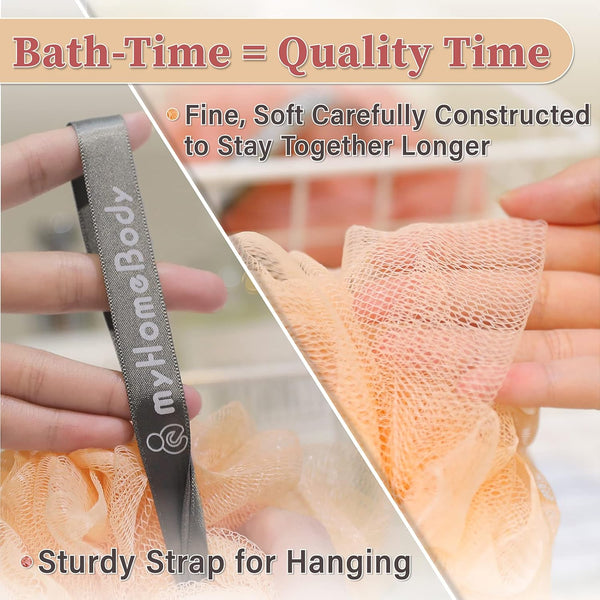Myhomebody 60G Loofah Sponge, Body Scrubber, Bath Sponge, Loofah for Women, Men, Exfoliating Sponge Shower Pouf with Activated Charcoal - 2 Peach