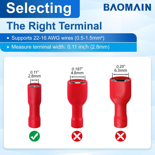 Baomain 0.11" Red Female Insulated Spade Wire Connector Electrical Crimp Terminal 18-22 AWG 2.8 X 0.5Mm (100PCS)