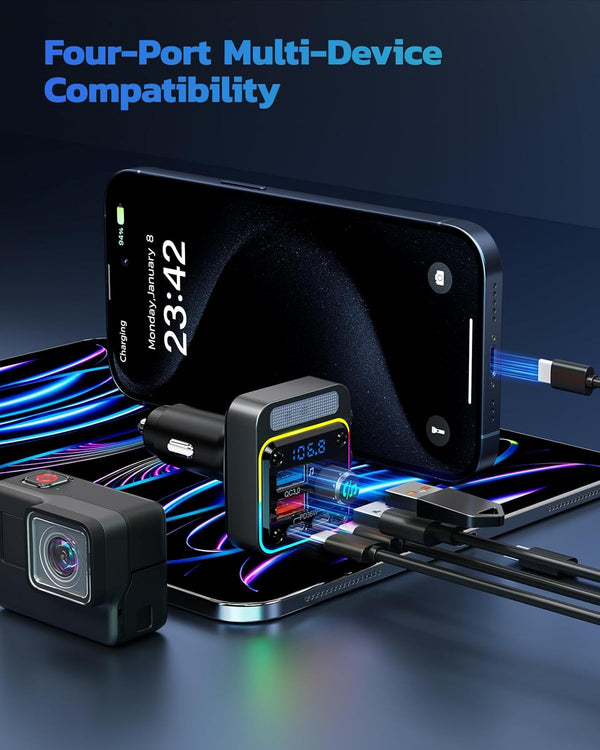 Nulaxy 54W Bluetooth 5.3 Car Adapter with 4 Charging Ports [PD 36W & QC3.0 18W], Wireless Radio FM Transmitter with Deep Bass Player & 5 Colors