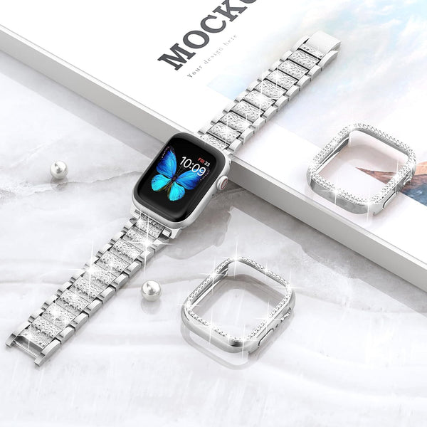 SUPOIX Compatible with Apple Watch Band S10 42Mm + Case, Women Jewelry Bling Diamond Metal Strap & 2P Cover Cases for Iwatch Series 10(Silver,42Mm)