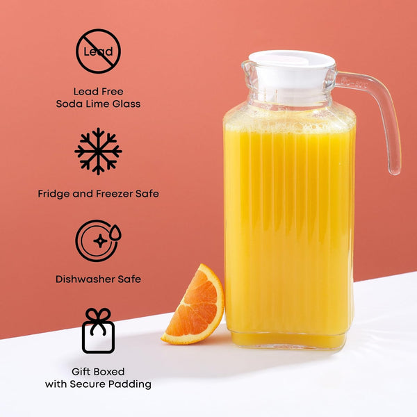 Joyjolt 60Oz Glass Pitcher with Lid (2 Lids) - Beverage Serveware and Storage Container for Cold Drinks and Liquids. Juice Container, Water Jug,
