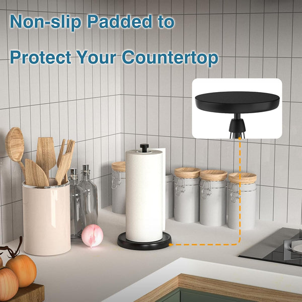 Paper Towel Holder Countertop, One-Handed Tear, Stainless Steel, Weighted Base, Black, Paper Towel Roll Holder Stand with Ratchet Mechanism for