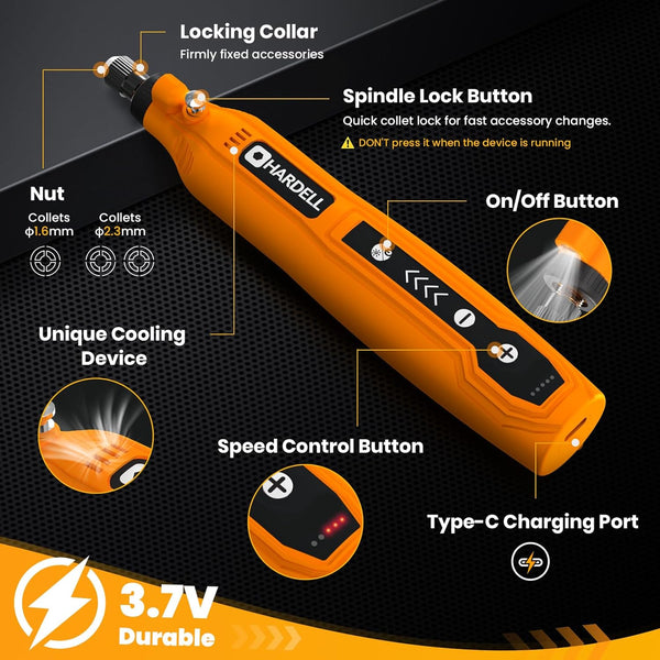 HARDELL Mini Cordless Rotary Tool, 5-Speed and USB Charging Rotary Tool Kit with 69 Accessories, Multi-Purpose 3.7V Power Rotary Tool for Sanding,