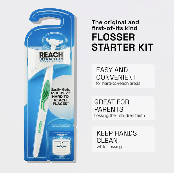 REACH Ultraclean Access Flosser Starter Kit, Unflavored, Plaque Remover for Teeth, for Hard to Reach Areas, Oral Care, PFAS Free, 1 Replaceable