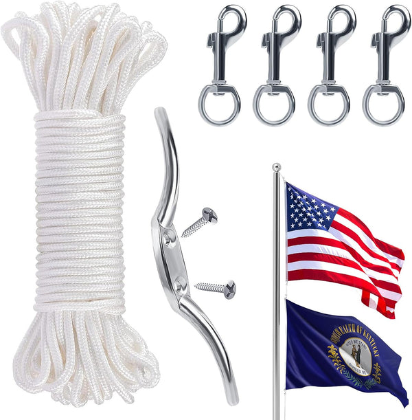 PAMASE Flag Rope and Clips Kit - 100Ft Flag Pole Rope Halyard with Cleat Hook & 4 Pcs Swivel Snap Clips for Flagpoles up to 50Ft, Outdoor Porch
