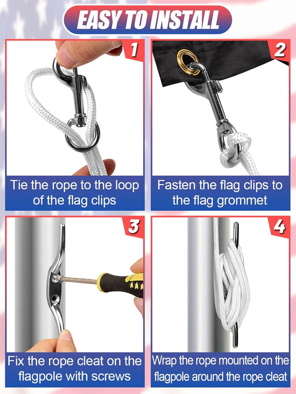 PAMASE Flag Rope and Clips Kit - 100Ft Flag Pole Rope Halyard with Cleat Hook & 4 Pcs Swivel Snap Clips for Flagpoles up to 50Ft, Outdoor Porch