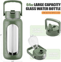 BLUEGO 64Oz Glass Water Bottles with 2 Lids Flip Lid and Spout Lid Half Gallon Water Bottle with Straw 2L Large Water Bottle with Time and
