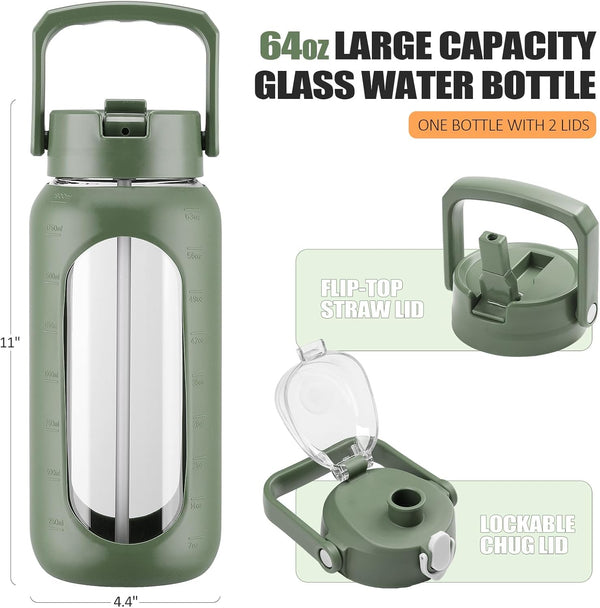BLUEGO 64Oz Glass Water Bottles with 2 Lids Flip Lid and Spout Lid Half Gallon Water Bottle with Straw 2L Large Water Bottle with Time and