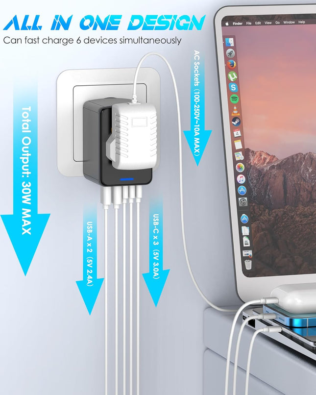 Universal Travel Adapter, 6.0A 30W 5 USB C/A Ports + 2500W AC Outlets, International Power Adapter for All USB Devices, 