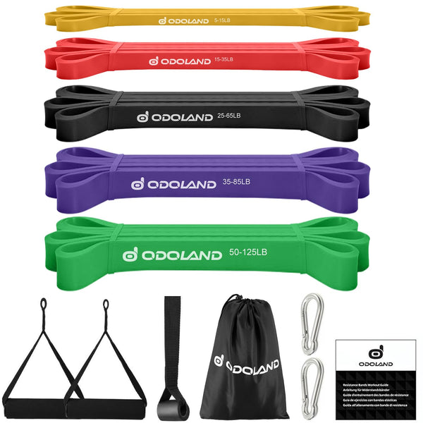 Odoland 5 Packs Pull Up Assist Bands, Pull Up Straps, Resistance Bands with Door Anchor and Handles, Stretch Mobility, Powerlifting and Extra