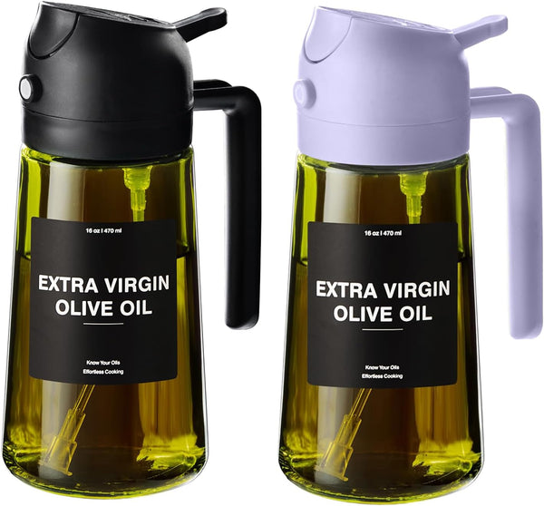 CXINYI - 16Oz/470Ml Olive Oil Dispenser for Kitchen with Stickers - 2 in 1 Olive Oil Sprayer for Cooking, Air Fryer, and Salad, Black&Purple