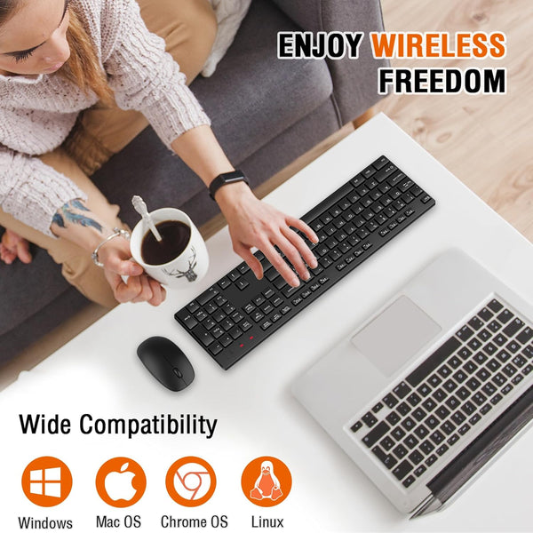 Wireless Keyboard and Mouse Combo, EDJO Silent Full Size Cordless USB Keyboard Mouse, 2.4Ghz Lag-Free, Long Battery Life, for Computer, Laptop,