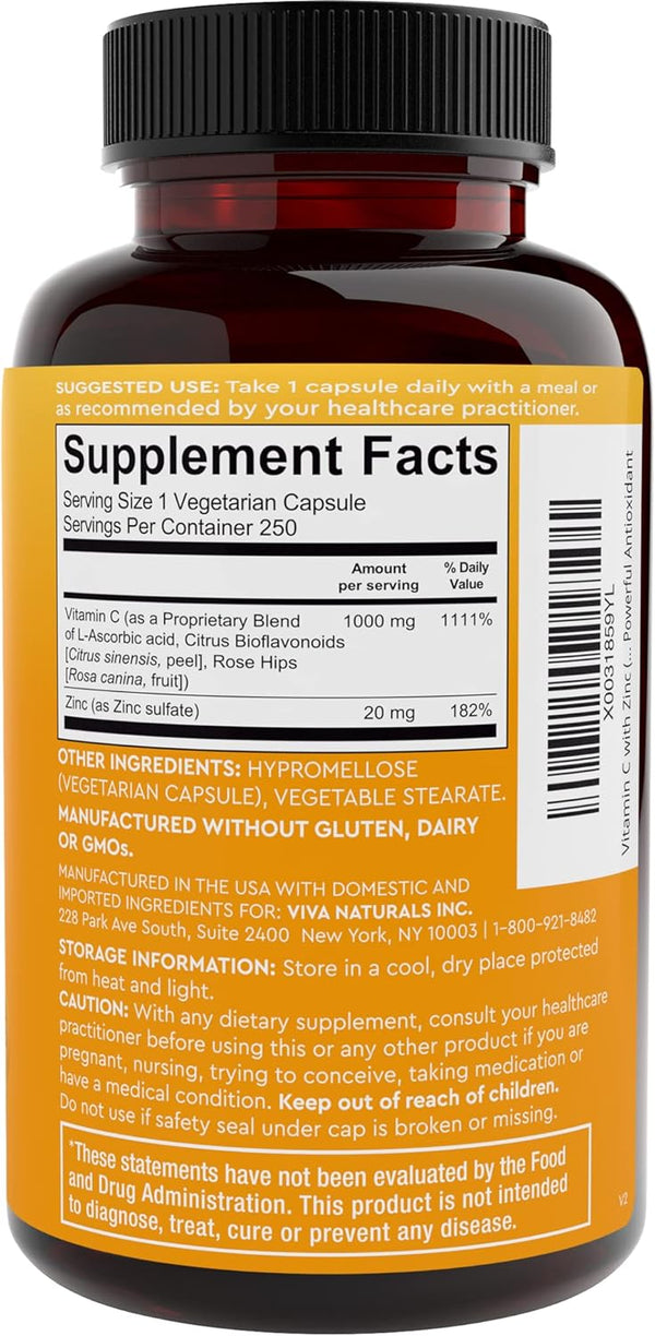 Viva Naturals Vitamin C and Zinc Supplement (250 Capsules) - 1000 Mg Vitamin C with Zinc 20 Mg Antioxidant Supplements for Immune Support, Vitamin