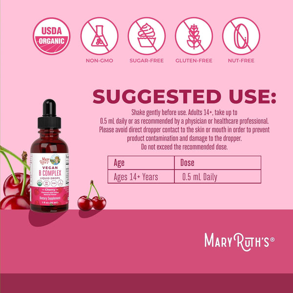 Maryruth Organics Vitamin B Complex | B Vitamins Complex | Biotin | Vitamin B12 | Niacin | Folate | Metabolic Support Supplement | Vegan | USDA