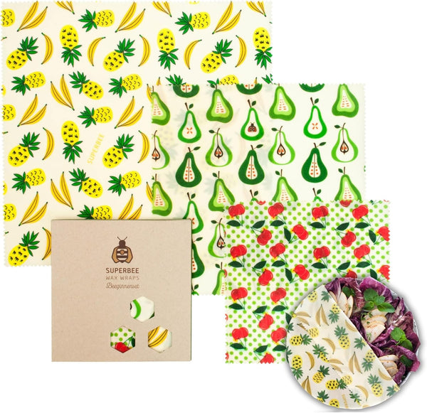 SUPERBEE Beeswax Wrap for Food, Set of 3 Bees Wax Wraps, Reusable Bees Paper for Wrapping Vegetables, Cheese, Bowl Covers and Sandwich Wrapping