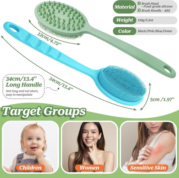 Silicone Back Scrubber, Soft Silicone Loofah with Handle, Gentle Exfoliating Back Scrubber, Back Brush Bath Brush with Two Dual-Side & Detachable