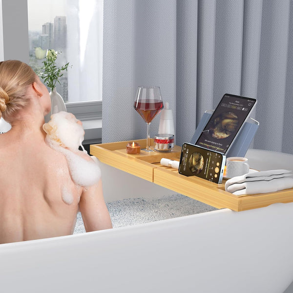 Luxury Bathtub Caddy Trayï¼Bamboo Bathtub Tray Caddy - Wood Bath Tray Expandableï¼Can Be Placed Book and Integrated Tablet Smartphone and Wine