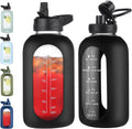 64 Oz Glass Water Bottle with Straw and Handle, Half Gallon Sports Motivational Water Jug Flask with Silicone Sleeve, Large Water Cup with Time