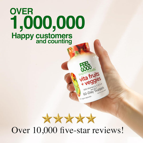 FeelGood Superfoods Vita Fruits and Veggies Capsules - 25 Superfood Ingredients, Fruit and Vegetable Multivitamin, 60 Count - for Men and Women -