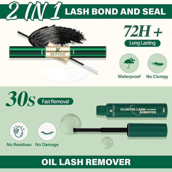 DIY Lash Extension Kit KEYYOU 300Pcs Individual Eyelash Extension Kit 40D 0.07D Curl 9-18MIX Lash Clusters Kit with Lash Glue Remover Applicator