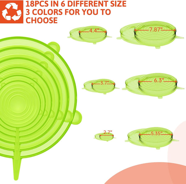 BFONS 18 Pack Silicone Stretch Lids, 6 Different Sizes, 100% Safe Food Grade Silicone to Meet Most Container, Microwave Cover for Food Storage,