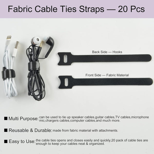 Electronics Organizer 7 Sections Clear Acrylic Cable Storage Bin Box Cord Holder with 20 PCS Reusable Fastening Fabric Cable Ties Straps Cord