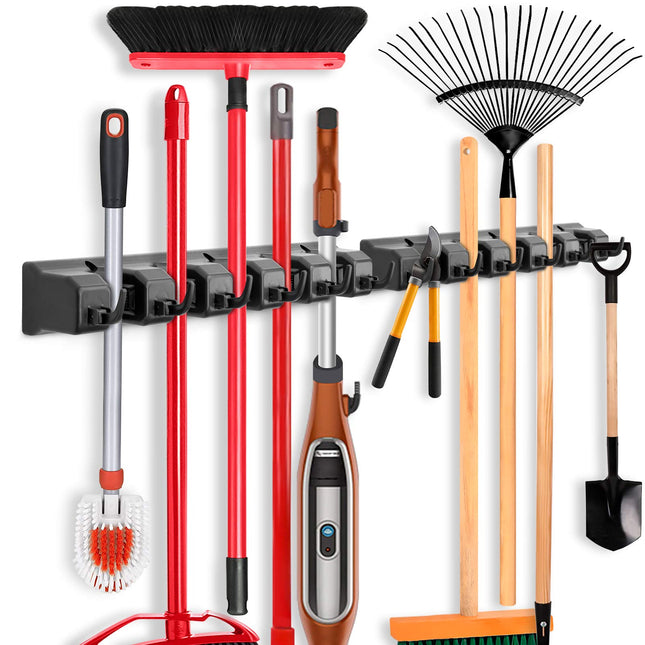 IMILLET 2 Pack Mop and Broom Holder, Wall Mounted Organizer Mop and Broom Storage Tool Rack with 5 Ball Slots and 6 Hook