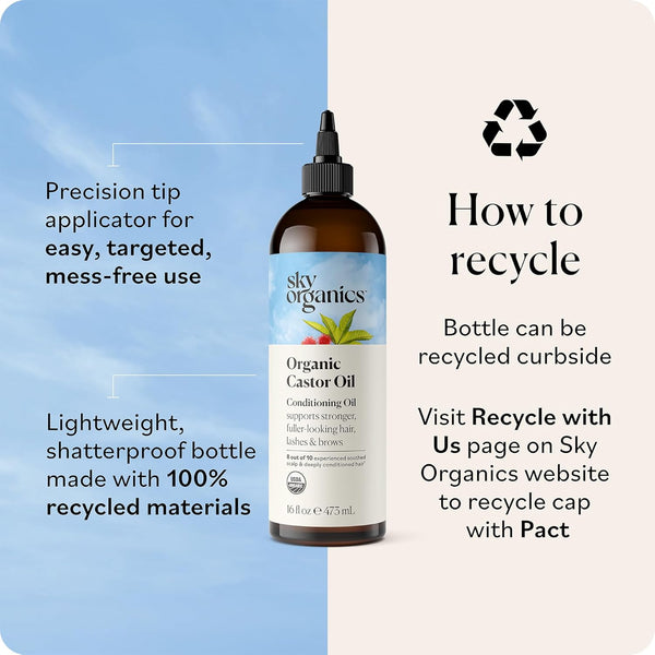 Sky Organics Castor Oil - USDA Certified Organic Hair Oil for Hair Growth, Skin, Face, Eyelashes - Cold Pressed & Hexane Free - Pure Organic