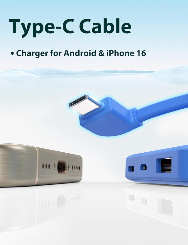 6000Mah Ultra Slim Built in Cables Power Bank, Card Size Built in USB C Cords Battery Pack Portable Charger for Phones, 3 Output External Battery