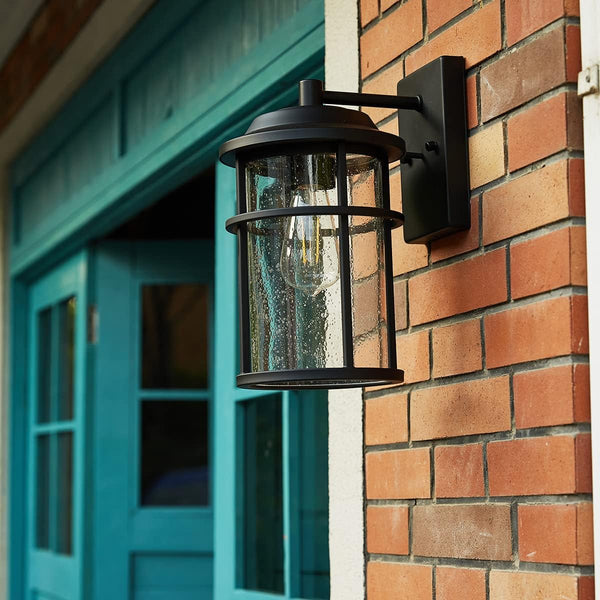 Outdoor Wall Lantern, Exterior Waterproof Wall Sconce Light Fixture, Anti-Rust Black Wall Mount Lighting with Seeded Glass Shade, E26 Socket Front