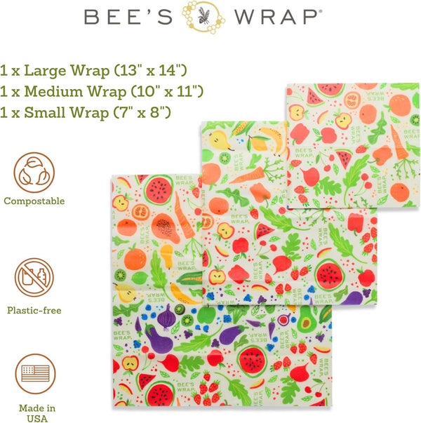 Bee'S Wrap Beeswax Wraps for Food - Garden Party 3 Pack (S, M, L) Made in USA Reusable & Organic Food Wraps, Sandwich Wrap & Bowl Covers -