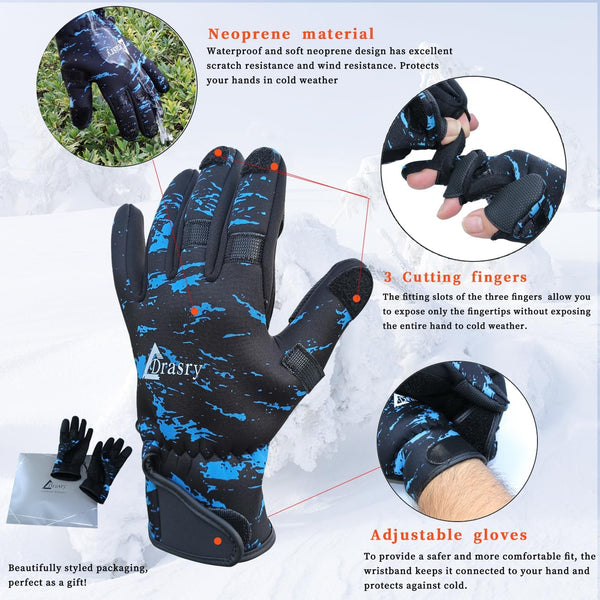 Drasry Neoprene Fishing Gloves Touchscreen 3 Cut Fingers Warm Cold Weather Suitable for Men and Women Ice Fishing Fly Fishing Photography