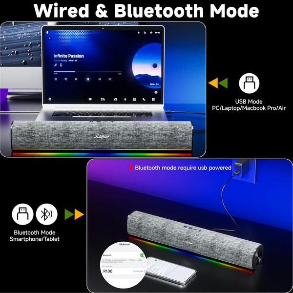 SOULION R100 Bluetooth Computer Speakers with Dynamic LED Light, USB Plug & Play PC Speakers with Switch Button, Clearly Sound Soundbar for