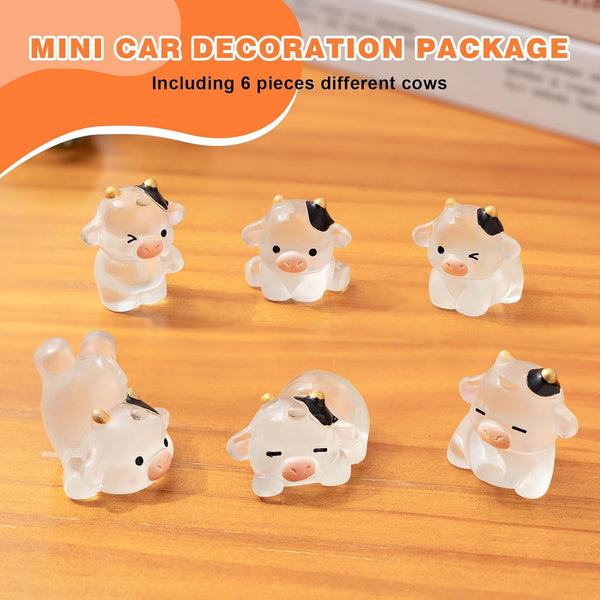 Luminous Cow Car Dashboard Decor, 6PCS Cute Cow Dash Decorations, Rear View Mirror Ornament, Interior Accessories