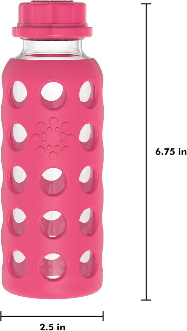 Lifefactory 9-Ounce Bpa-Free Glass Water Bottle with Flat Cap and Silicone Sleeve, Raspberry