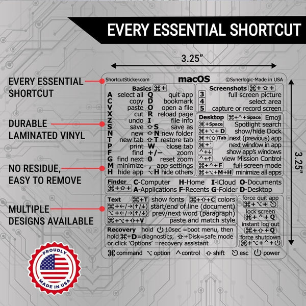 Synerlogic Mac OS Shortcuts Sticker | Keyboard Stickers for Macos | No-Residue Laminated Vinyl Macbook Cheatsheet for Laptop | Macbook Shortcuts