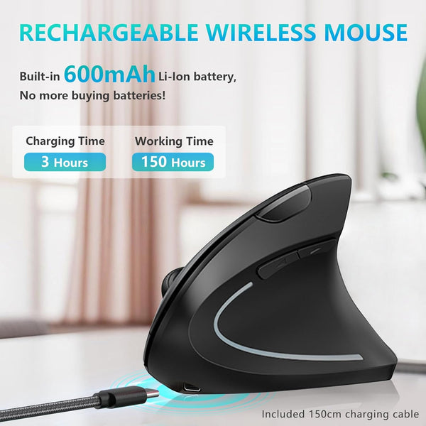 Lekvey Ergonomic Mouse, Vertical Wireless Mouse - Rechargeable 2.4Ghz Optical Vertical Mice : 3 Adjustable DPI 800/1200/1600 Levels 6 Buttons, for