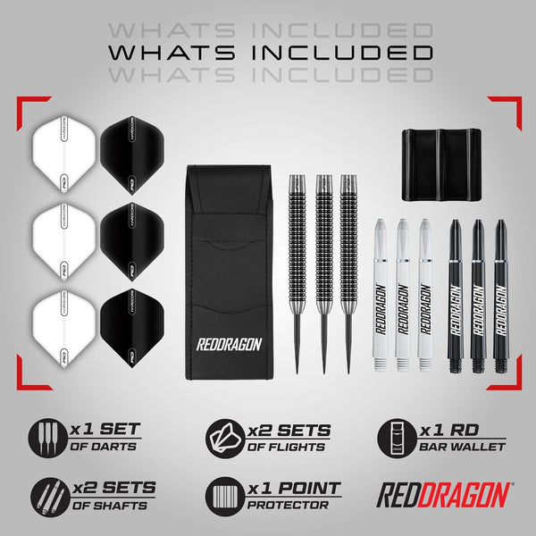 RED DRAGON Pegasus Professional Tungsten Steeltip Darts Set Available in 21, 23, 24, 25, 26, 28, 30 Gram with Flights, Stems (Shafts) and Wallet