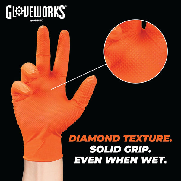 GLOVEWORKS HD Orange Nitrile Gloves, 8 Mil, Disposable, Raised Diamond Texture, Mechanic Gloves