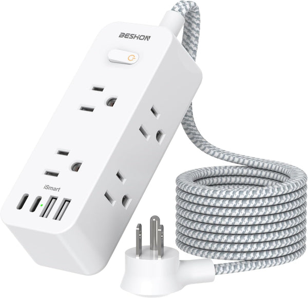 Power Strip Surge Protector, BESHON 5Ft Extension Cord, 6 Outlets with 3 USB Ports(1 USB C Outlet), 3-Side Outlet Extender, Wall Mount, Compact