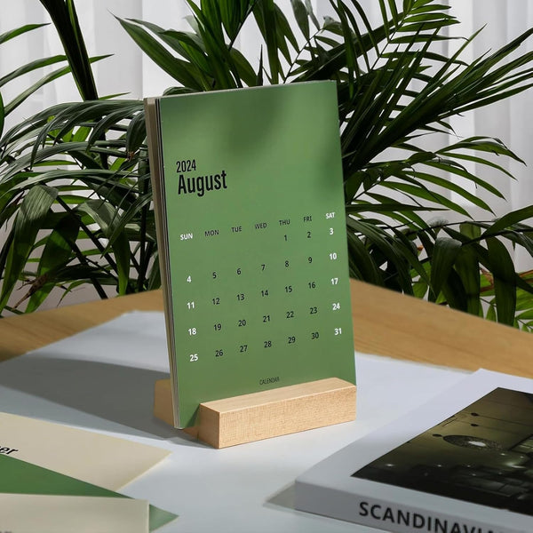 UNIQOOO 3.5" Walnut Wood Stand for 2024 Monthly Desk Calendar, Wooden Block Base, Cardstock Holder, for Office Home Retail Reception Decor, Photo