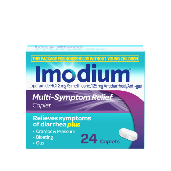Imodium Multi-Symptom Relief Caplets with Loperamide Hydrochloride & Simethicone, Anti-Diarrheal Medicine for Treatment of Diarrhea, Gas,