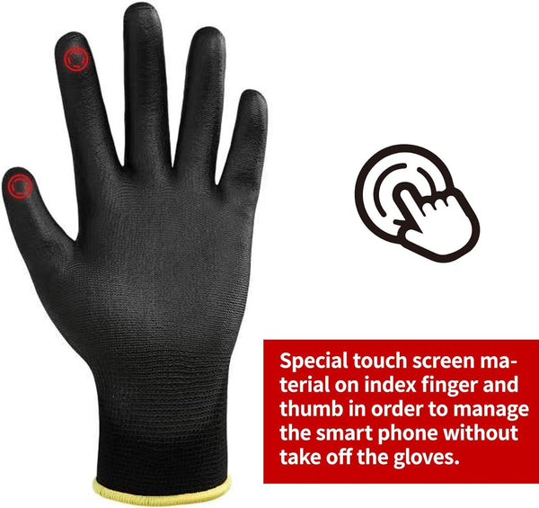 DULFINE Safety Work Gloves PU Coated for Men and Women-12 Pairs,Black Seamless Knit Glove with Two Fingers Touchscreen,Ideal for General Duty Work