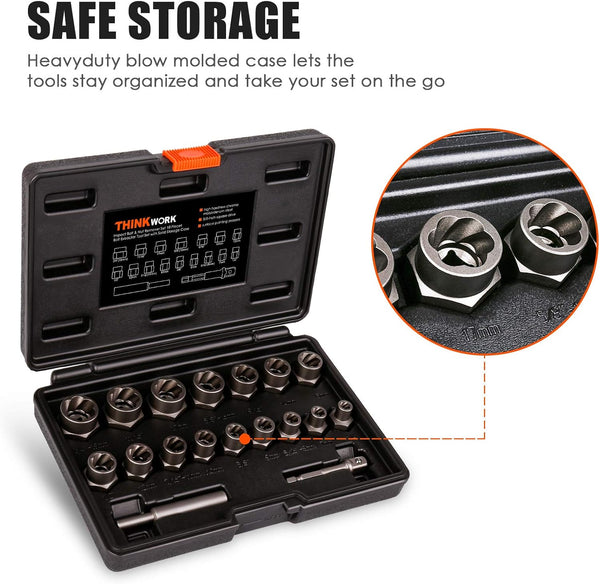 THINKWORK Bolt Extractor Kit, 18-Piece Nut Extractor Socket Set, 3/8" Drive Rounded Bolt Remover, Lug Nut Removal Tool for Damaged, Rusted,